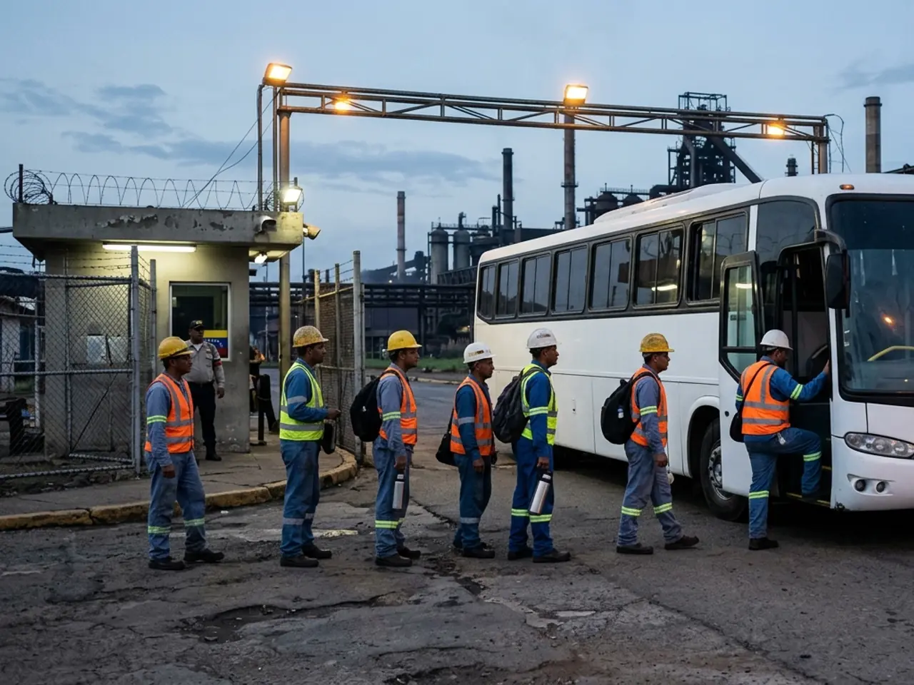 Workers in hard hats and vests board a white bus at a plant gate at dawn.