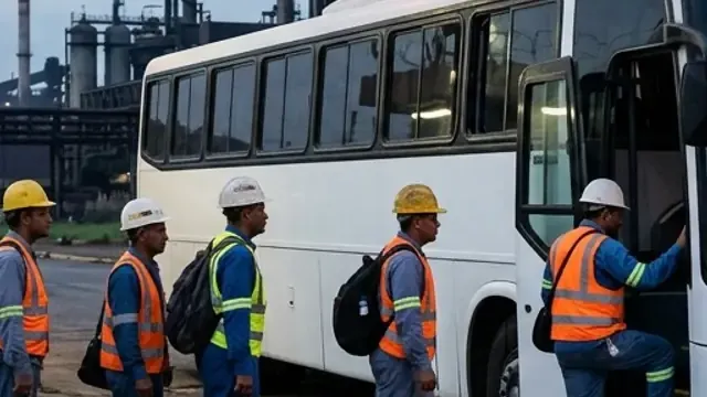 Four workers in safety gear by the open door of a bus, in front of an industrial plant.