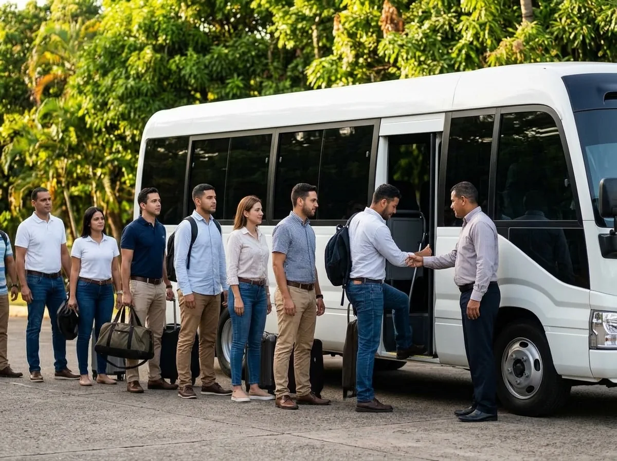 A group with hand luggage waits to board a white minibus while the driver greets the first passenger.