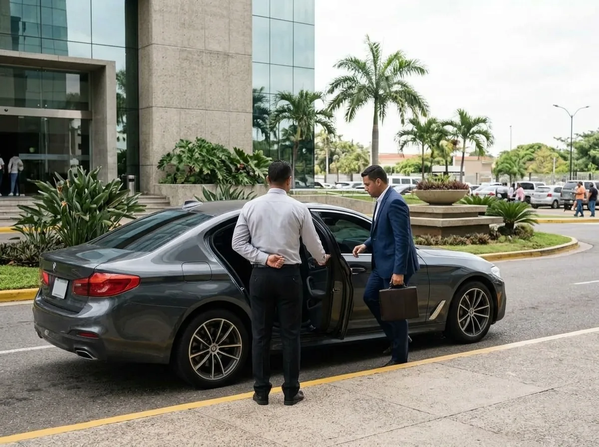 A driver opens the rear door of a grey sedan for a passenger with a briefcase outside an office building.