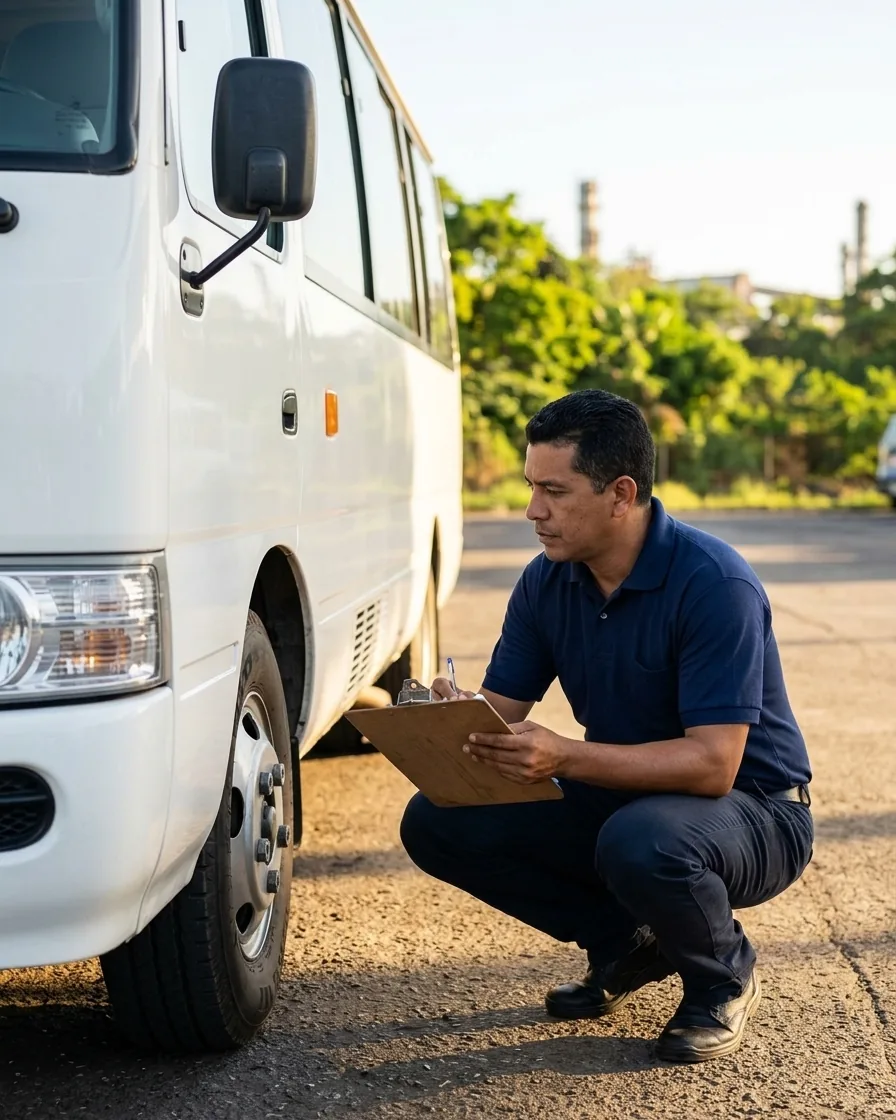 A driver checks a minibus’s front tyre before setting off, clipboard in hand.