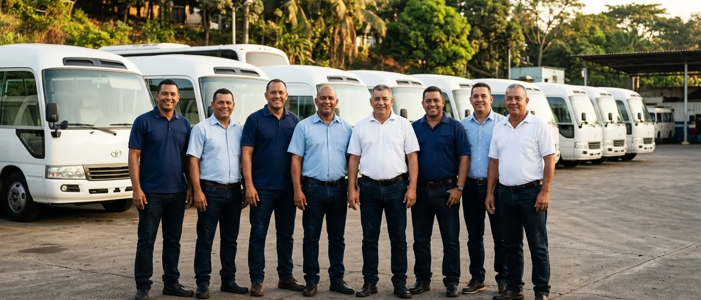 Eight of the cooperative’s drivers smile in front of a row of white minibuses.