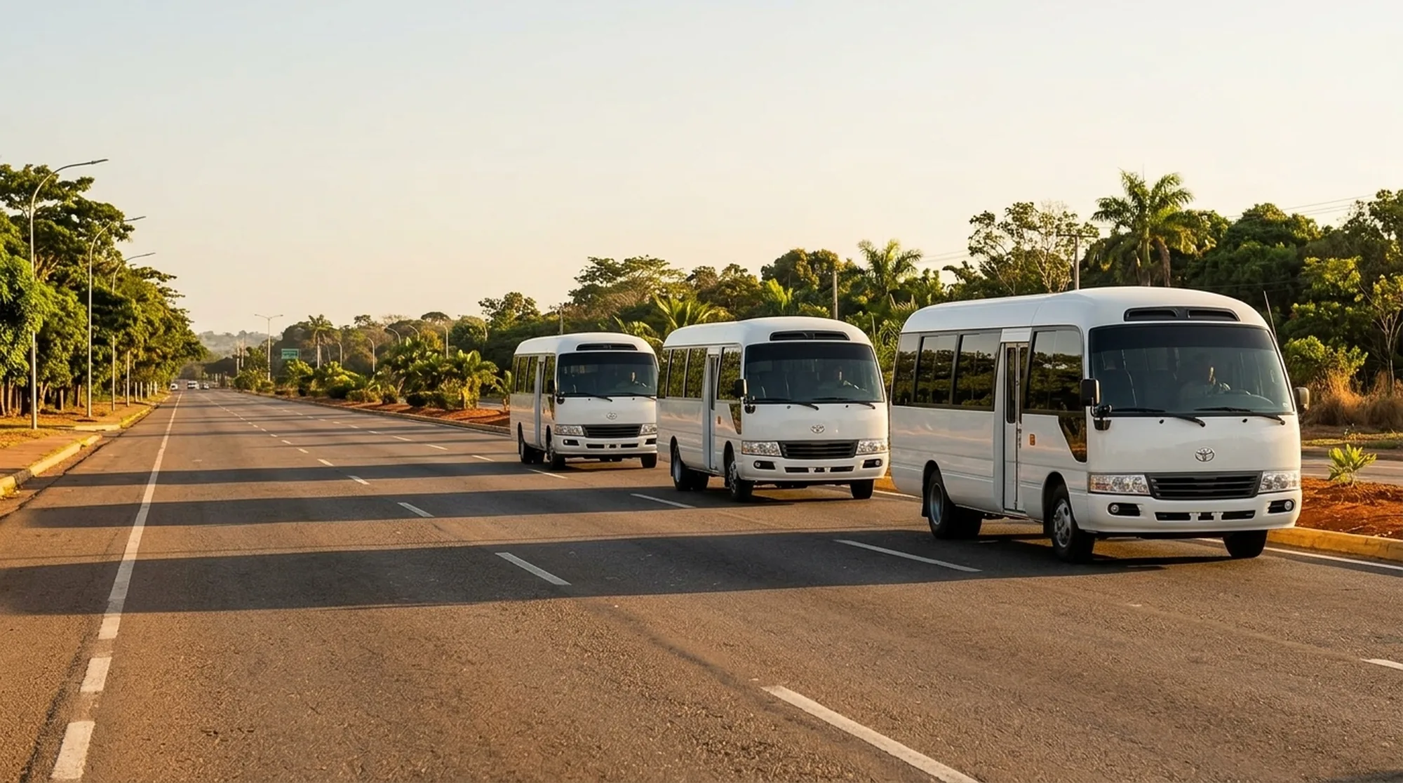 Three white minibuses drive along a tree-lined avenue in Puerto Ordaz at dawn.
